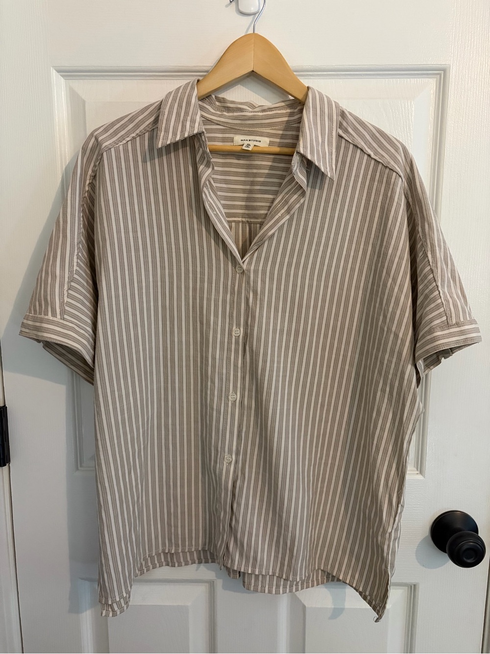 Max Studio Beige and White Vertical Stripe Short Sleeve Button-Up - Size XL